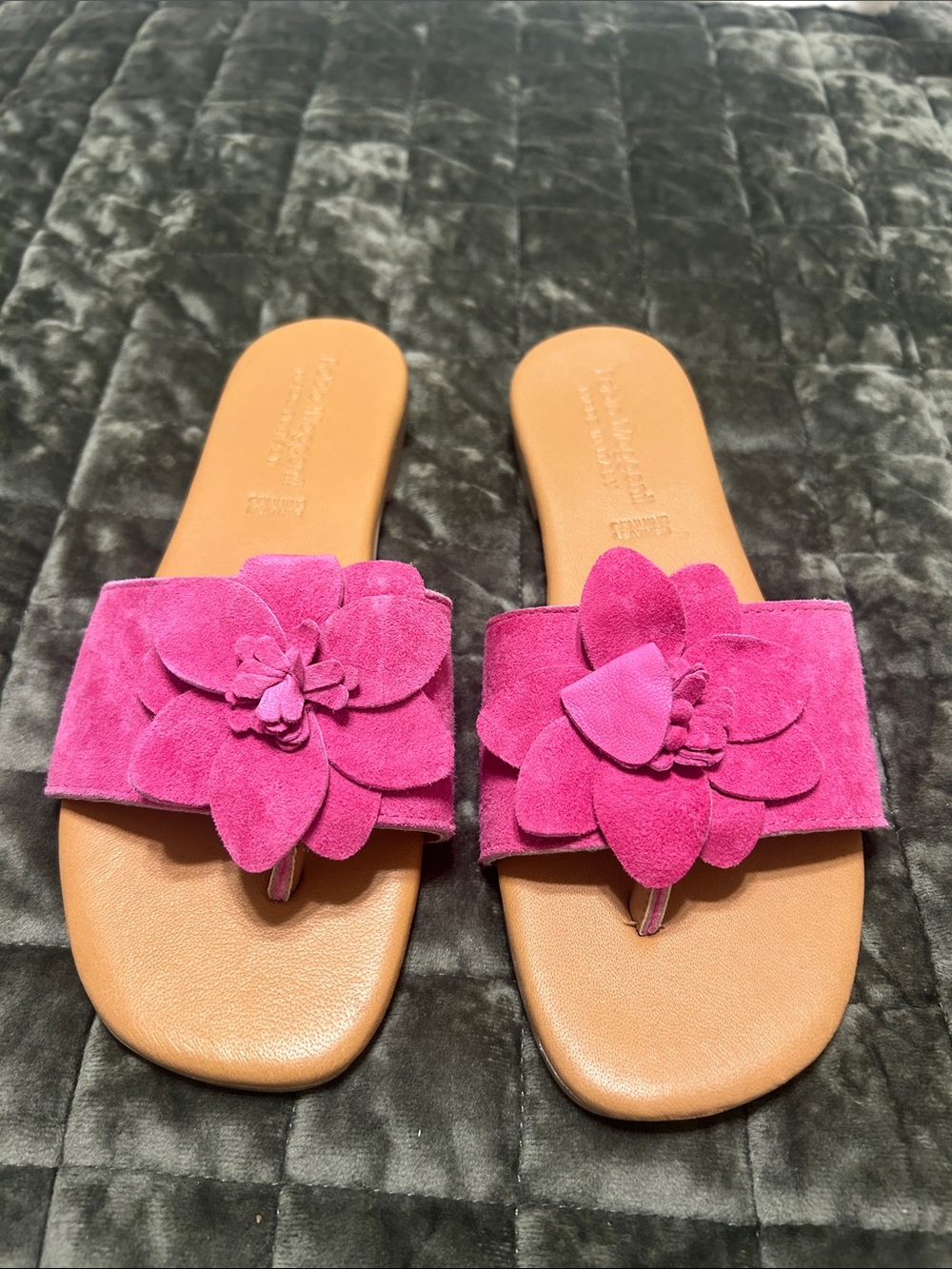 Fuchsia Suede Floral Slide Sandals